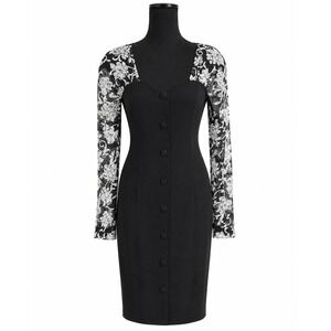 Hearts Sheath Dress Women 13/14 Black White Floral Lace Sleeve Button Front VTG